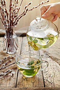 Melissa tea pouring in glass cup from transparent teapot