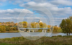 Mellow autumn. Borisovsky pond and bridge. Moscow. Russia.