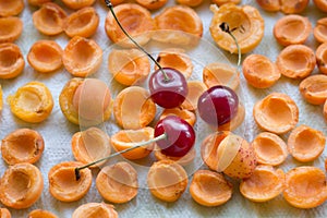 Mellow fresh and sun-dried apricots, juicy cherries ready for conservation