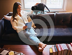 Mellowed out at home. an attractive young woman using a digital tablet on the sofa and affectionately stroking her cat.