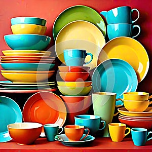 Melmac ceramic dish plate cup dinnerware stacked colors