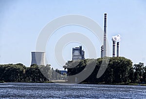 Melnik power plant over the Laber river and trees