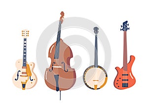 Melodic, Rhythmic, And Soulful, String Jazz Instruments Electric and Bass Guitar, Double Bass and Banjo, Illustration