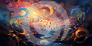 Melodic treble harmonized with vibrant sound streaks, in the nightcore style, Generative AI photo