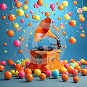 Melodic Whimsy: Orange Gramophone Amidst Colorful Balls on a Blue Background (3D Render