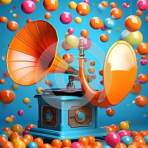 Melodic Whimsy: Orange Gramophone Amidst Colorful Balls on a Blue Background (3D Render