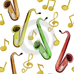 Melodies, saxophone, jazz watercolor seamless pattern