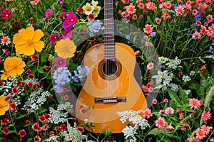 Melodious Acoustic guitar flowers. Generate Ai photo