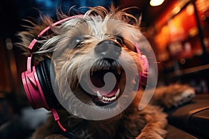 Melodious Bliss: Joyful Dog Grooves to Music with Headphones. Generative AI