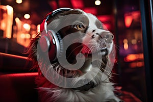 Melodious Bliss: Joyful Dog Grooves to Music with Headphones. Generative AI