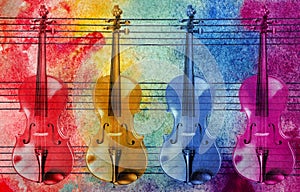 Melody concept. Old music sheet in colorful watercolor paint and violins. Abstract colorful watercolor background. Colors of rainb