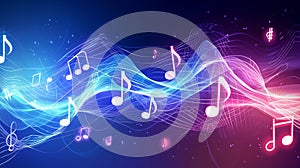 Melody flowing music wave abstract background showing colourful music notes