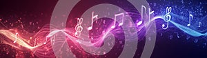 Melody flowing music wave abstract background showing colourful music notes