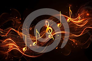 Melody flowing music wave abstract background showing colourful music notes