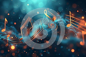 Melody flowing music wave abstract background showing colourful music notes