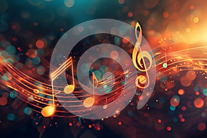 Melody flowing music wave abstract background showing colourful music notes