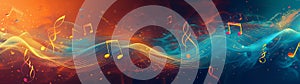 Melody flowing music wave abstract background showing colourful music notes