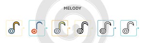 Melody vector icon in 6 different modern styles. Black, two colored melody icons designed in filled, outline, line and stroke