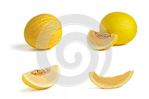 Melon big set on a white background. Yellow melon on a white isolate. Fresh juicy piece of melon with shadow on a white
