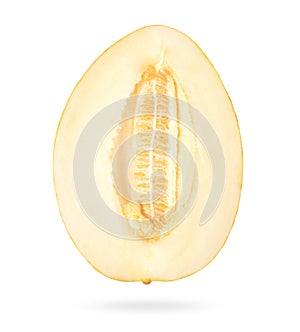 Melon cut in half close-up on white background