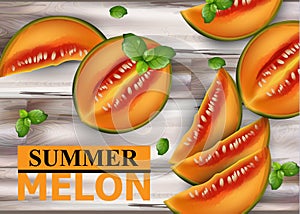 Melon fruits on wooden background Vector. Summer fresh sliced juicy melon realistic style illustrations