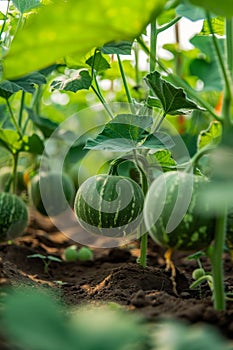 Melon-growing. Watermelons growing in rich soil with vibrant green leaves overhead, in a sunlit farm