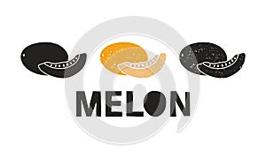 Melon, silhouette icons set with lettering. Imitation of stamp, print with scuffs. Simple black shape and color vector