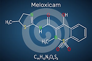 Meloxicam C14H13N3O4S2 molecule. It is a nonsteroidal anti-inflammatory drug NSAID. Structural chemical formula on the dark blue