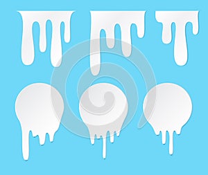 Melt drip and circle milk labels. Vector set liquid drops icons for graffiti blob stickers. White liquid or melted