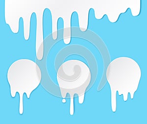 Melt drip and circle milk labels. Vector set liquid drops icons for graffiti blob stickers. White liquid or melted