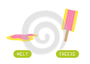 MELT and FREEZE antonyms word card vector template.