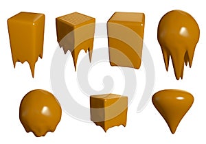 Melted caramel bar. Liquid caramel runs down. Caramel candies isolated on white background. 3D illustration.