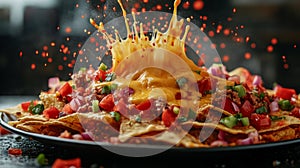 Melted Cheese Splashing Over Loaded Nachos