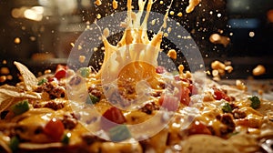 Melted Cheese Splashing Over Loaded Nachos