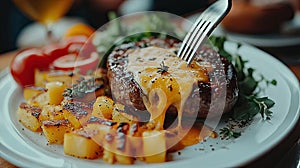 Melted cheese steak, potatoes, restaurant