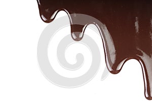 Melted chocolate dripping on white background