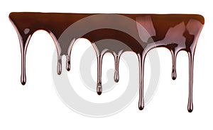 Melted chocolate dripping on white background