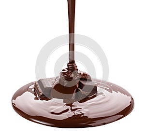 Melted chocolate flowing. Isolated on white background with clip