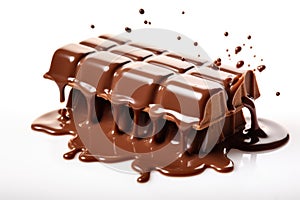 Melted chocolate flows down from a large chocolate bar. White background