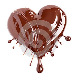 Melted chocolate heart splashed on white background