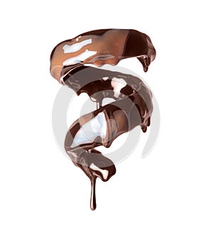 Melted chocolate with milk in a swirling shape isolated on a white background