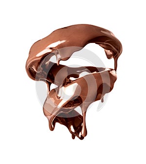 Melted chocolate with milk in a swirling shape on a white background