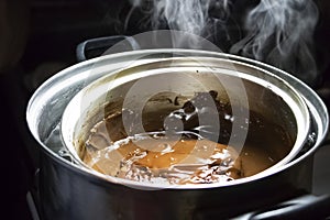 Melted chocolate in pan under a water bath. Making hot chocolate at home in your own kitchen