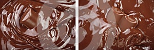 Melted chocolate and pieces of chocolate bar as a background closeup