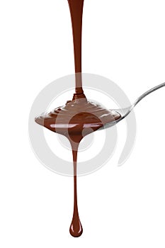 Melted chocolate poured into a spoon. photo