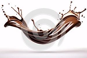 Melted chocolate splash, tasty chocolate wave floating in mid air isolated on white background, close up shot, food background.