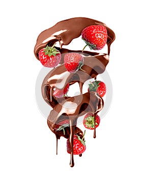 Melted chocolate with strawberries in a swirling shape isolated on a white background