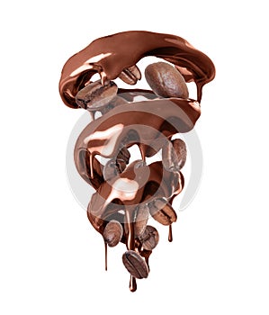 Melted chocolate in a swirling shape with coffee beans isolated on a white background