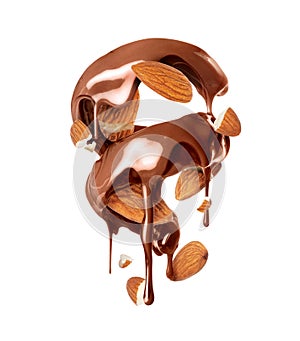 Melted chocolate in a twisted shape with crushed almonds closeup isolated on a white background