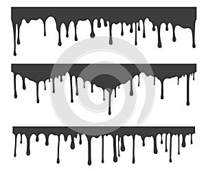 Melted drips and liquid paint drops. Current chocolate, ink, honey or syrup. Oil and cream blobs. Vector seamless border
